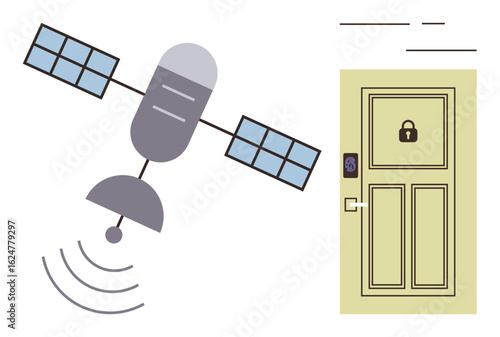 Satellite sending signals toward locked smart door with keypad and lock, showcasing connectivity and security. Ideal for IoT, technology, data control, communication, innovation, smart locks, simple