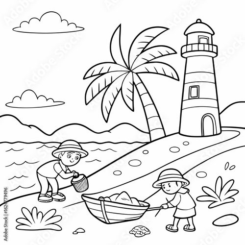 Kids vacation coloring Page black and white coloring pages Illustration