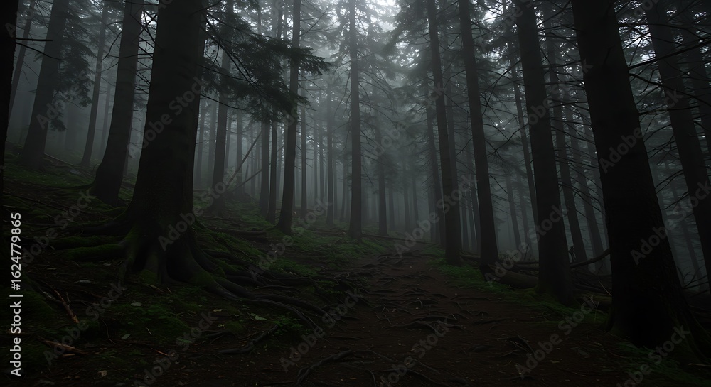 Obraz premium Ethereal Mist Blankets a Dark, Ancient Conifer Forest with Tangled Roots and Deep Shadows