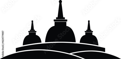 Silhouette of Three Buddhist Stupas or Pagodas on a Hill religious architecture