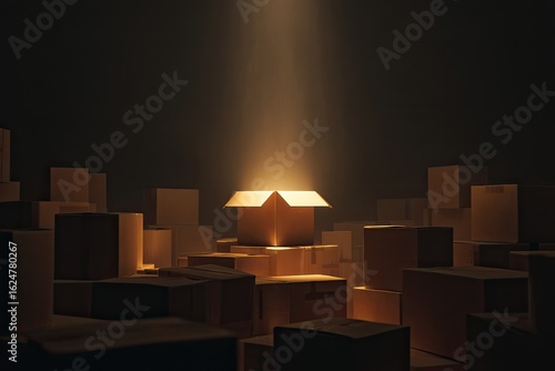 A single open cardboard box bathed in light, surrounded by many closed boxes in a dark room