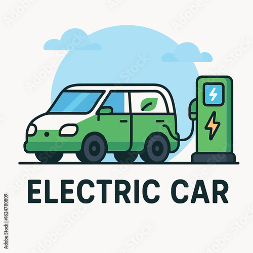 illustration of a green and white electric van charging at a green EV station