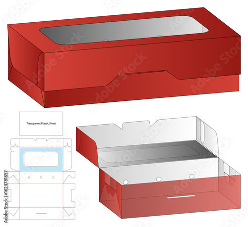 Red Cardboard Box with Clear Plastic Window  3D Mockup and DieCut Template