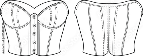 CAD drawing flat vector illustration of structured sweetheart neckline corset top with front buttons and back panel seam details