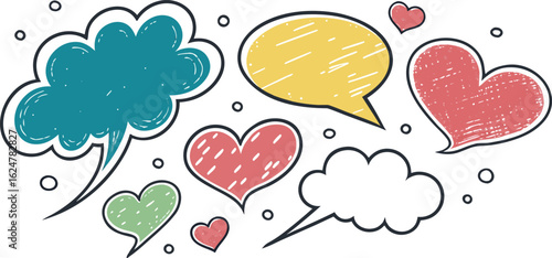 Colorful speech bubbles and hearts illustration