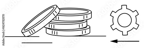 Stacked coins beside a gear, representing financial transactions, savings, investment, automation, technology, business systems, and economic growth. Ideal for fintech banking budget tools
