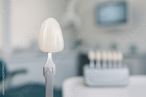 Dental shade guide for matching tooth color. Restorative dentistry for a perfect smile.