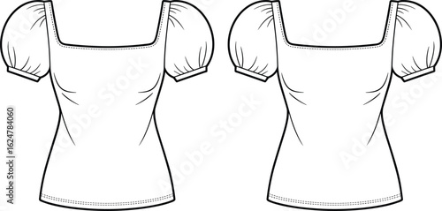 CAD drawing flat vector illustration of women’s puff sleeve blouse top with square neckline, front and back fashion sketch view