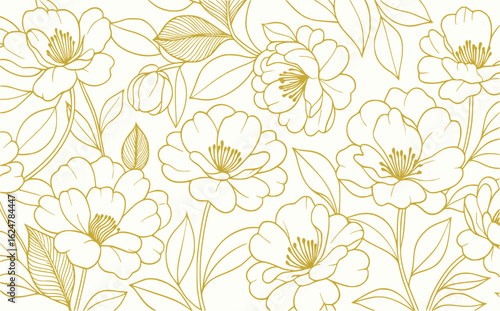golden bloom sketch on plain backdrop vector. graceful botanical flowers with fine gold outline. elegant design for interior, mural, print, label, wrap, invite, branding, banner