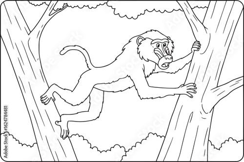 Baboon climbing a tree in the jungle animals coloring page illus