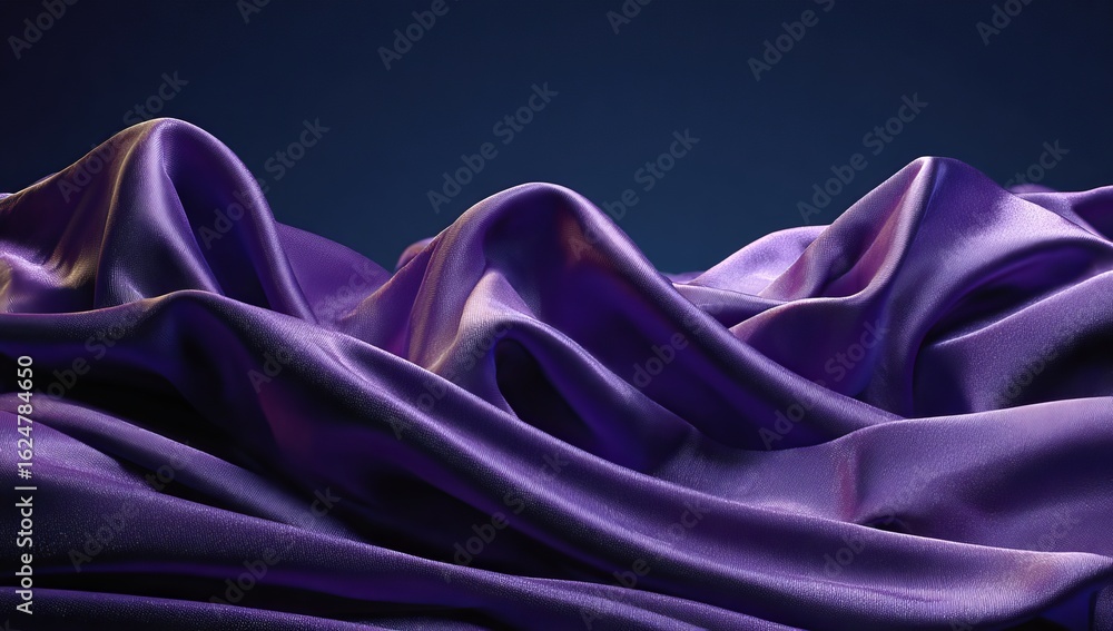 Fototapeta premium A close-up of the edge of purple silk fabric, which is folded and placed on top of each other in front of a dark blue background. The material has smooth folds that give it an elegant appearance. 