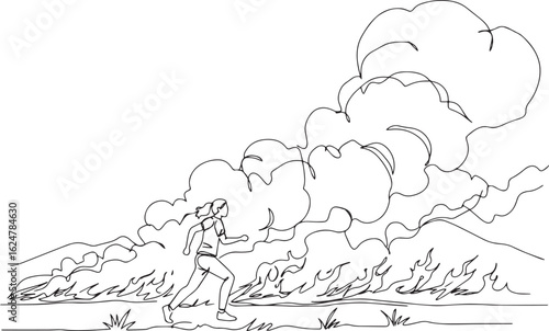 Single line drawing illustrating a woman running from a raging w