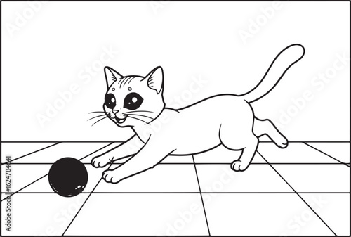 Whimsical illustration of a playful cat chasing a bright yellow