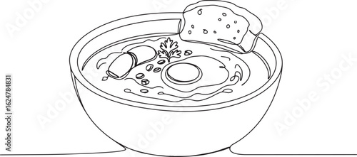 Minimalist single line drawing of a bowl of polish zurek soup wi