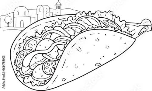 Detailed Black and White Illustration of a Greek Gyro with a Vil