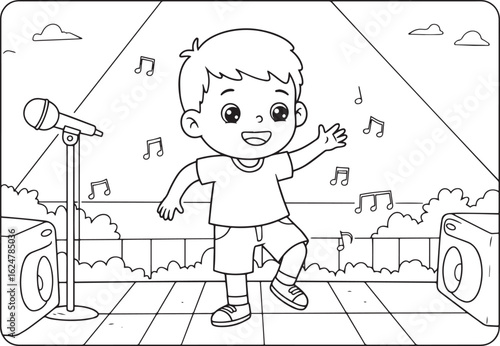 Cheerful little boy dancing on stage surrounded by musical notes