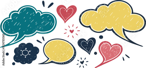 Colorful hand drawn speech bubbles and hearts isolated on transparent background