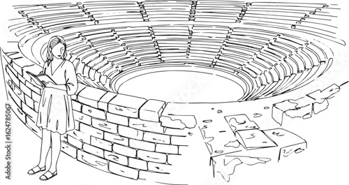 Woman reading in an ancient amphitheater, architectural sketch i