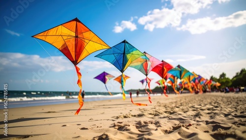 Colorful kites flying over a sandy beach with people enjoying the sunny day in the background
