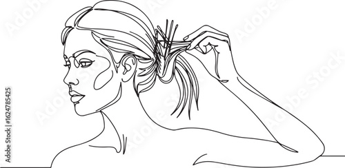 Elegant minimalistic line drawing portraying a woman styling her