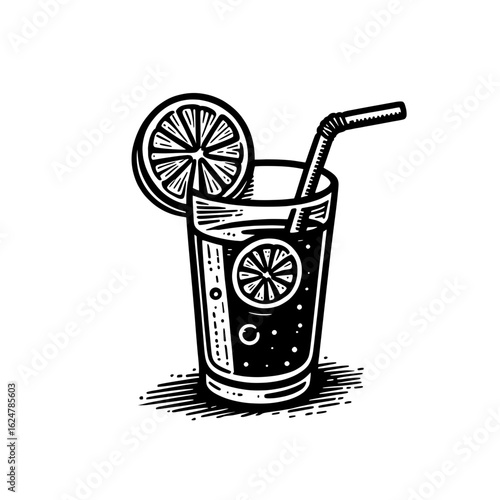Black and white vector icon of soda glass with lemon slice and straw, minimal drink symbol for beverage packaging, cafe menu, or summer ad design