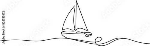 Minimalist One Line Drawing of Sailboat with Tall Sail in Black and White