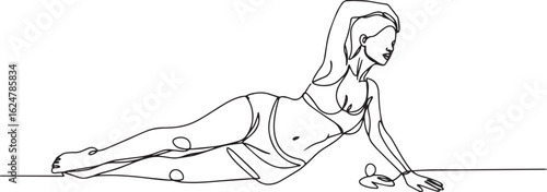 Minimalist monochrome line art depicting a reclining female figu