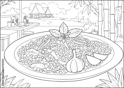 Intricate line art illustration of Pad Krapow with vibrant culin