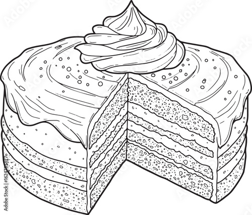 Detailed illustration of a layered cake with frosting and a miss