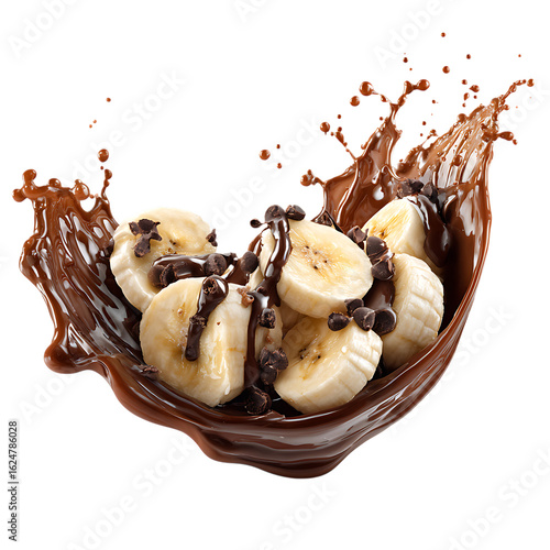 Banana slices splashing in chocolate delicious png