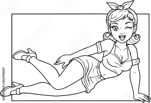 Vintage charm coloring page: A playful pin-up girl with retro fl