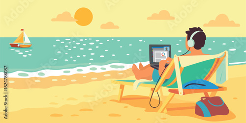 Remote working on tropical beach with laptop and headphones during summer vacation
