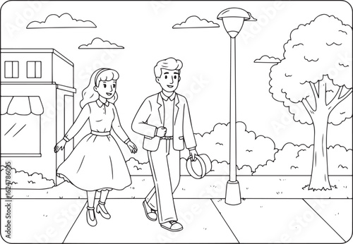 Whimsical outing coloring page a couple strolls through a charmi