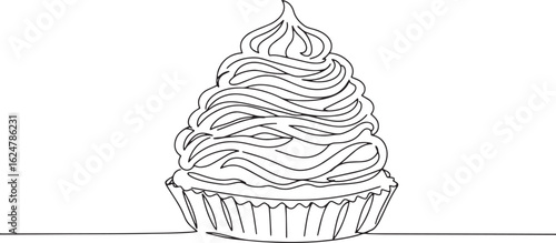 Elegant line art of a decadent cupcake with swirled frosting des