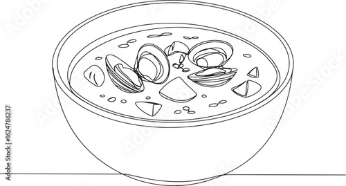 Outline drawing of clam chowder in a bowl ready for coloring or