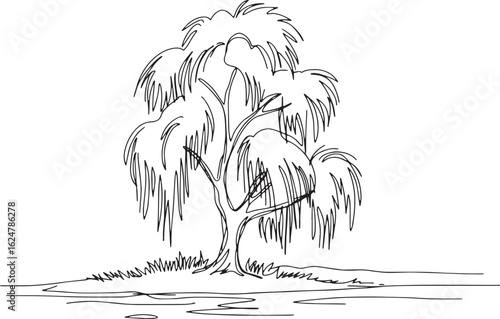 Minimalist line drawing of a weeping willow tree at the riverban