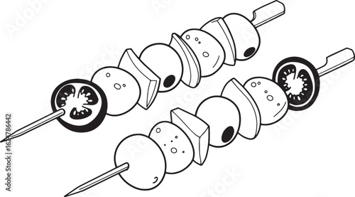 Antipasto Skewers Illustration Featuring Olives, Tomatoes, and C