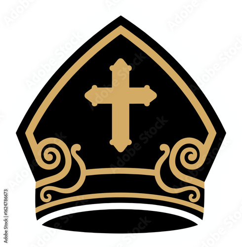 Minimalist Bishop Mitre Vector with Gold Cross and Black Background – Catholic Religious Symbol Illustration