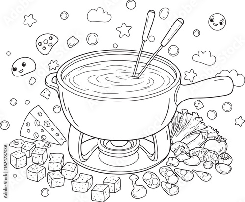 Enticing cheese fondue sketch, brimming with whimsical elements