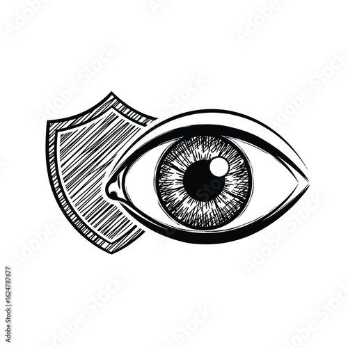 Vector illustration of a vigilant eye protected by a shield representing data security and privacy in the digital age