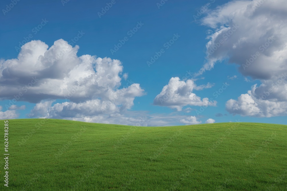 Rolling green hills under a vibrant blue sky dotted with fluffy white clouds Rolling green hills under a vibrant blue sky dotted with fluffy white clouds