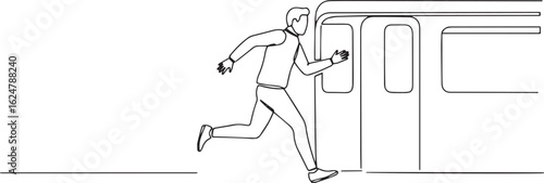 Dynamic single line illustration of a man rushing to catch a dep