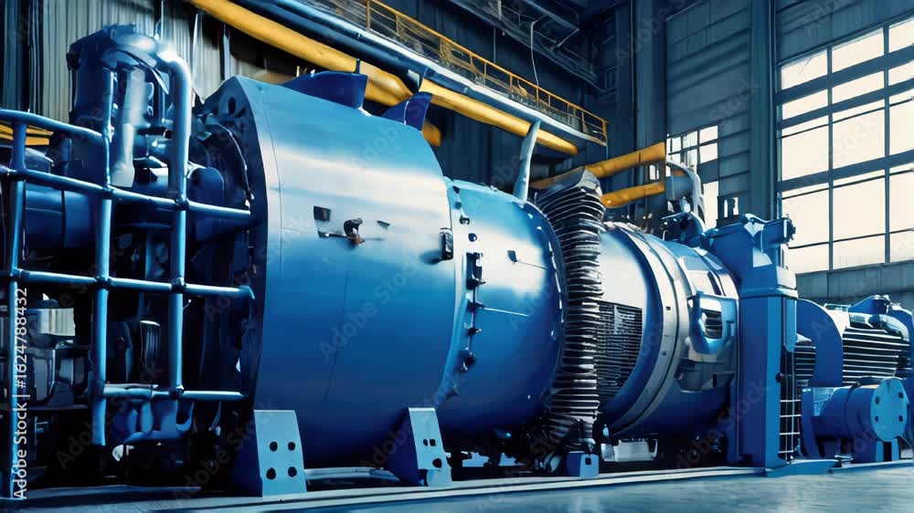 Large industrial compressor for chemical production with an asynchronous electric motor in a production room Large industrial compressor for chemical production with an asynchronous electric motor in a production room