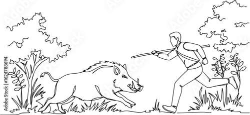 Line art depicting a hunter pursuing a wild boar through a fores