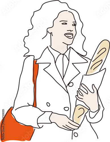 Femme française en trench-coat avec une baguette de pain et un sac à main