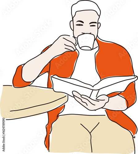 Homme assis lisant un livre avec une tasse de café