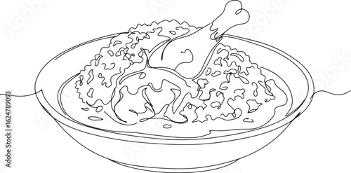 Minimalist continuous line drawing of congolese moambe chicken d