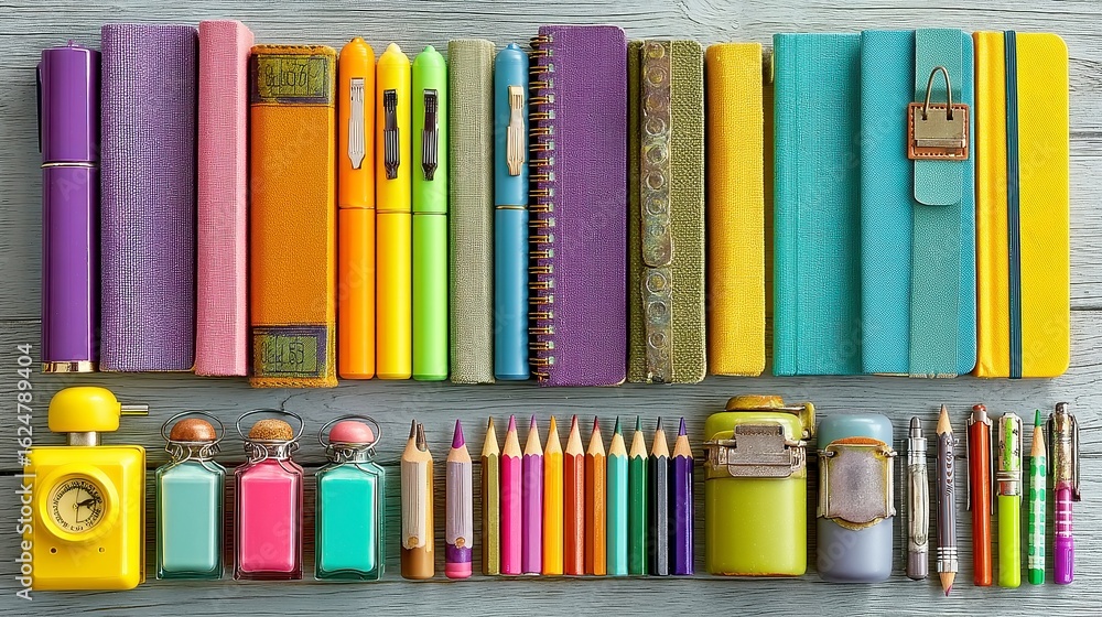 Obraz premium Pastel School Supplies Arrangement, a visually appealing flat lay of neatly organized pens, pencils, and notebooks on a light wooden desk, perfect for back to school 2025.