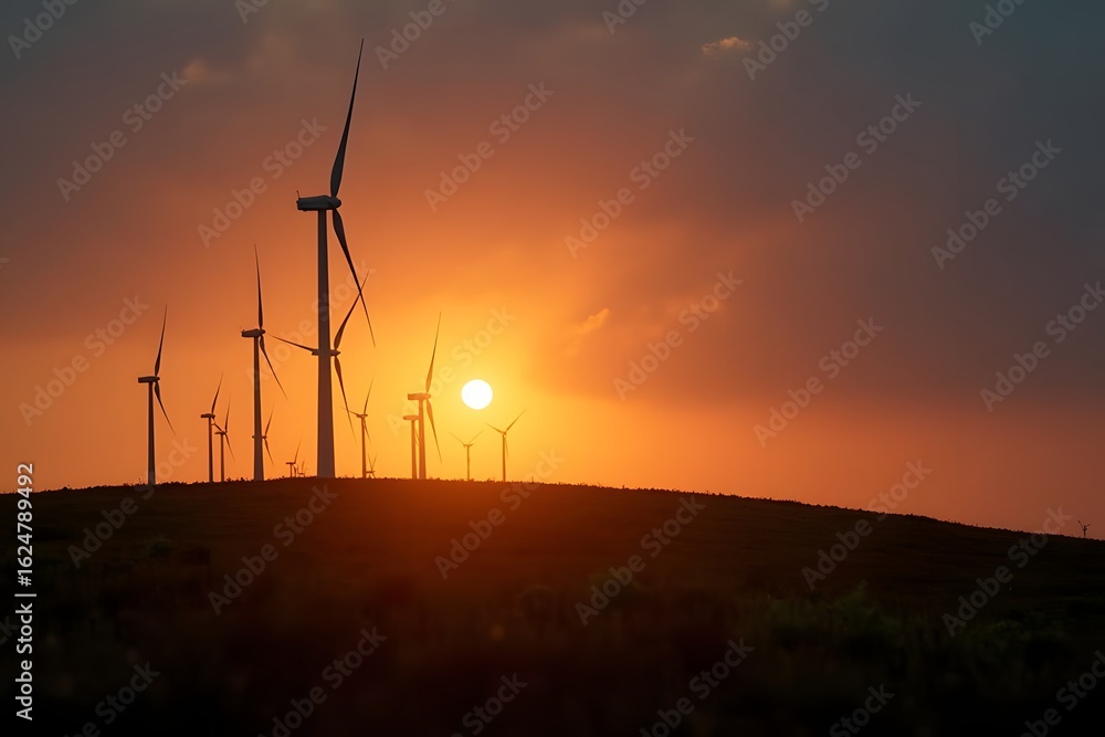 Obraz premium A sunset behind wind turbines on a grassy hill. 