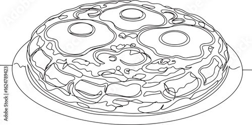 Stylized line drawing of traditional Spanish tortilla with fried